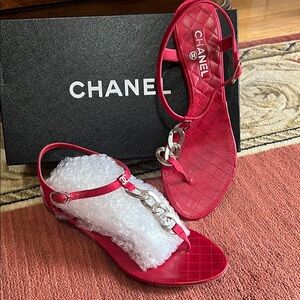 CHANEL Red Sandals with Silver Accents